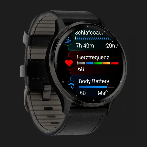 Garmin Venu 3 Slate Stainless Steel Bezel with Black Case and Black Leather Band