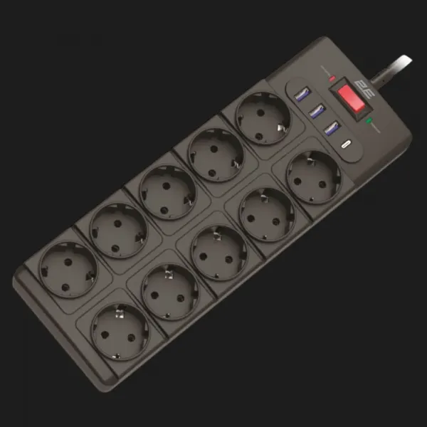 Мережевий фільтр 2E 10xТипF, 16A, 3xUSB-A, 1xUSB-C, 3m (Black)